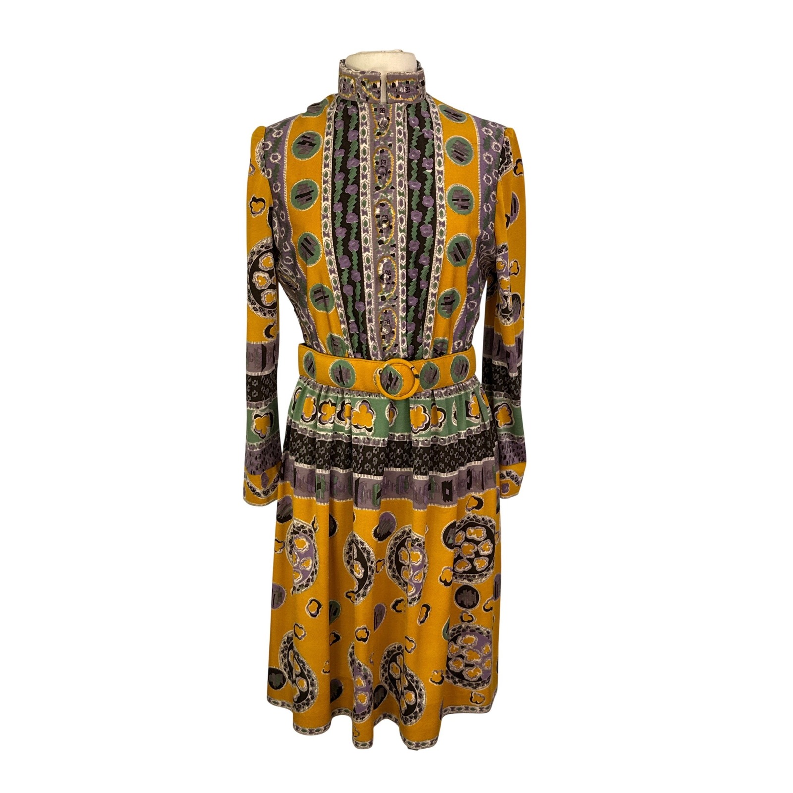 Oscar De La Renta Boutique Vintage 70s Yellow Abstract Midi Dress Belt Mock Neck